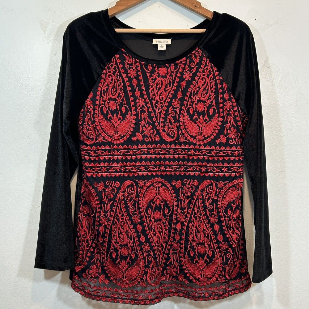 Sundance Embroidered Red Lace Enchantress Black Velvet Top Size Women's Large